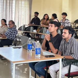 Adhil Noushad with students during design workshop at KMEA Engineering College, best graphic designer in Kerala